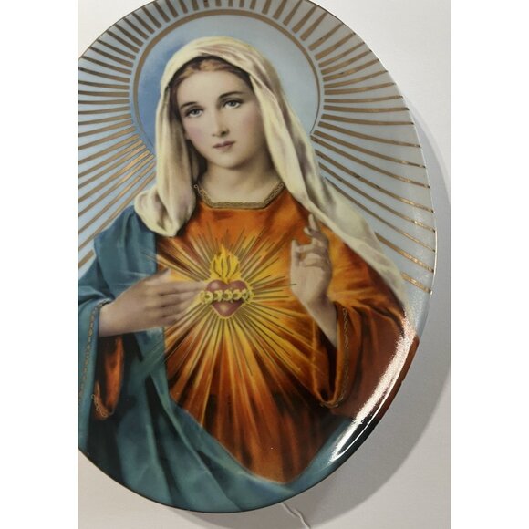 Sacred Heart of Mary Oval Decorative Plate Gold Trim Tray 6.5" x 8.5" Vintage - Picture 6 of 7